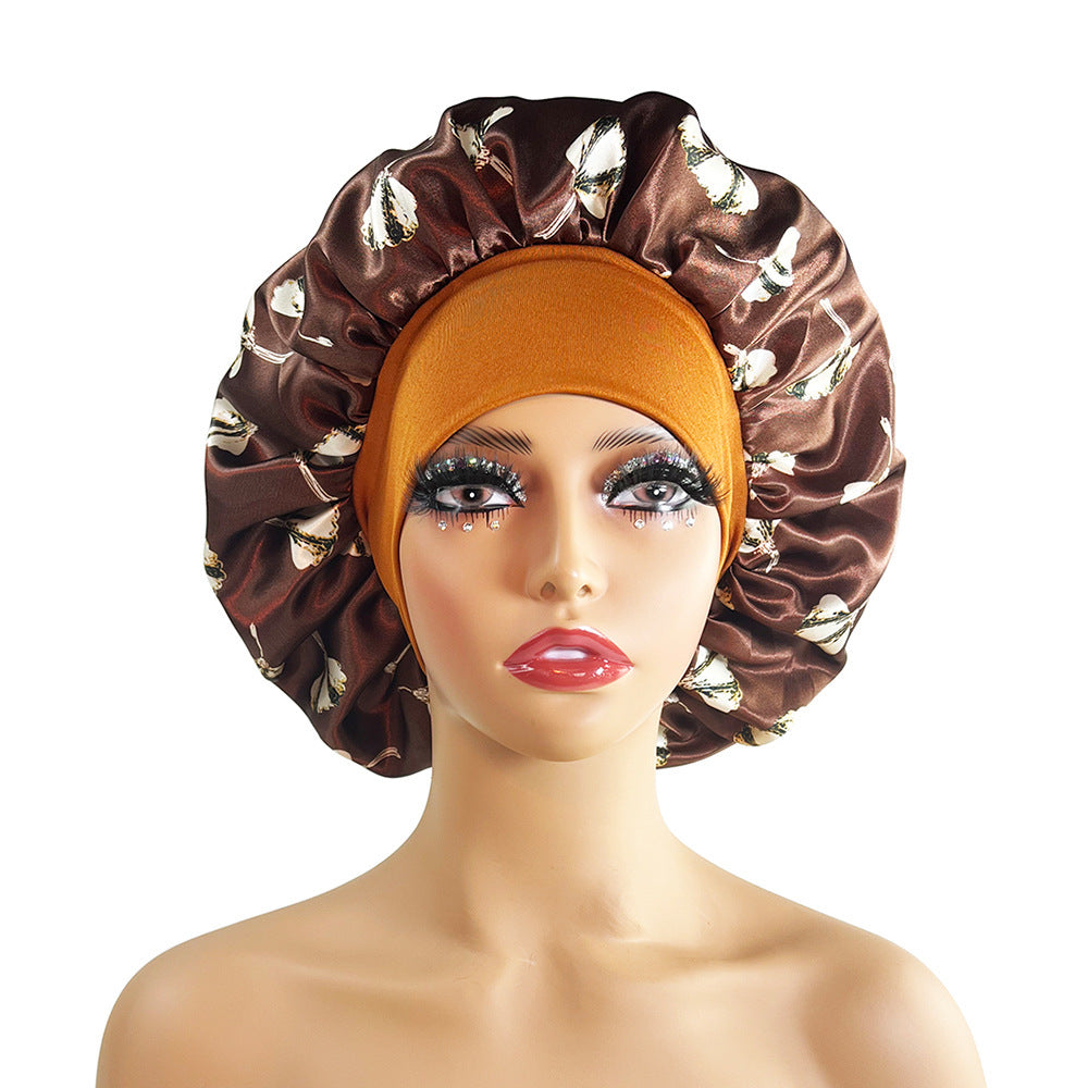 Luxury Satin Nightcap for Women - Elegant Wide-Brimmed Sleep Cap - Floral Printed Plus-Size Sleeping Hat