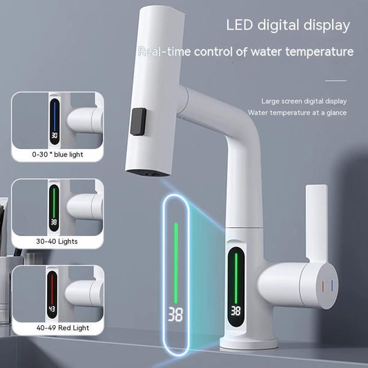 Luxury Smart Faucet with Digital Temperature Display – 360° Swivel Pull-Out Kitchen Tap