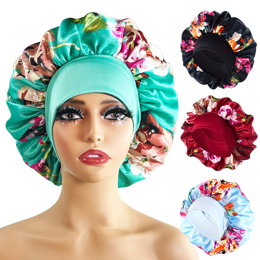 Luxury Satin Nightcap for Women - Elegant Wide-Brimmed Sleep Cap - Floral Printed Plus-Size Sleeping Hat
