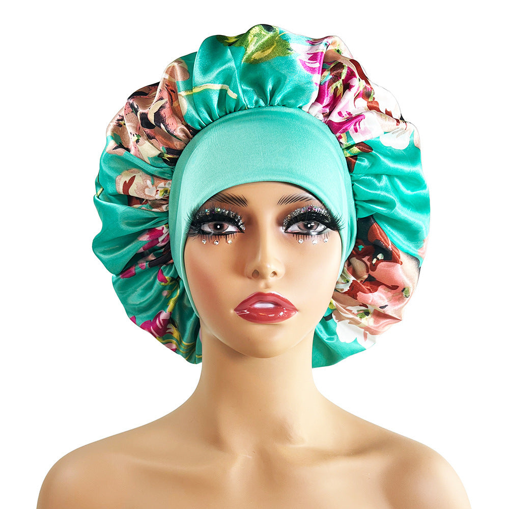 Luxury Satin Nightcap for Women - Elegant Wide-Brimmed Sleep Cap - Floral Printed Plus-Size Sleeping Hat