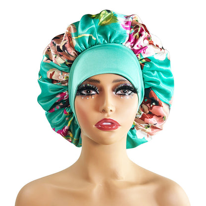 Luxury Satin Nightcap for Women - Elegant Wide-Brimmed Sleep Cap - Floral Printed Plus-Size Sleeping Hat