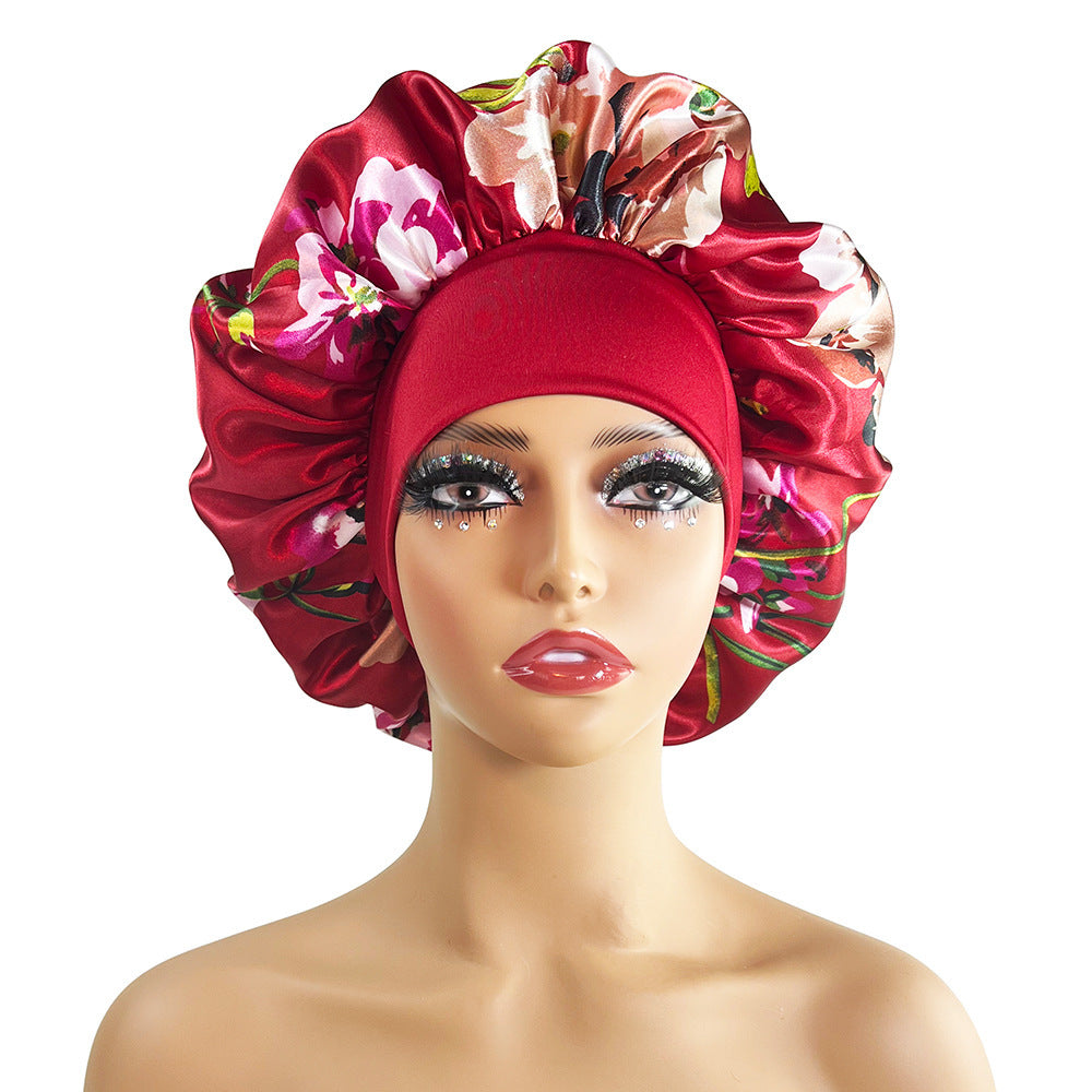 Luxury Satin Nightcap for Women - Elegant Wide-Brimmed Sleep Cap - Floral Printed Plus-Size Sleeping Hat