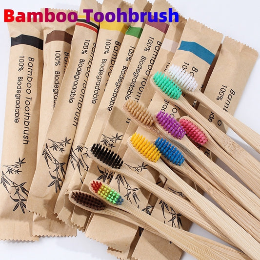 Eco-Friendly Bamboo Toothbrush Set (10 Pack) - Soft Charcoal Bristles, Biodegradable Handle