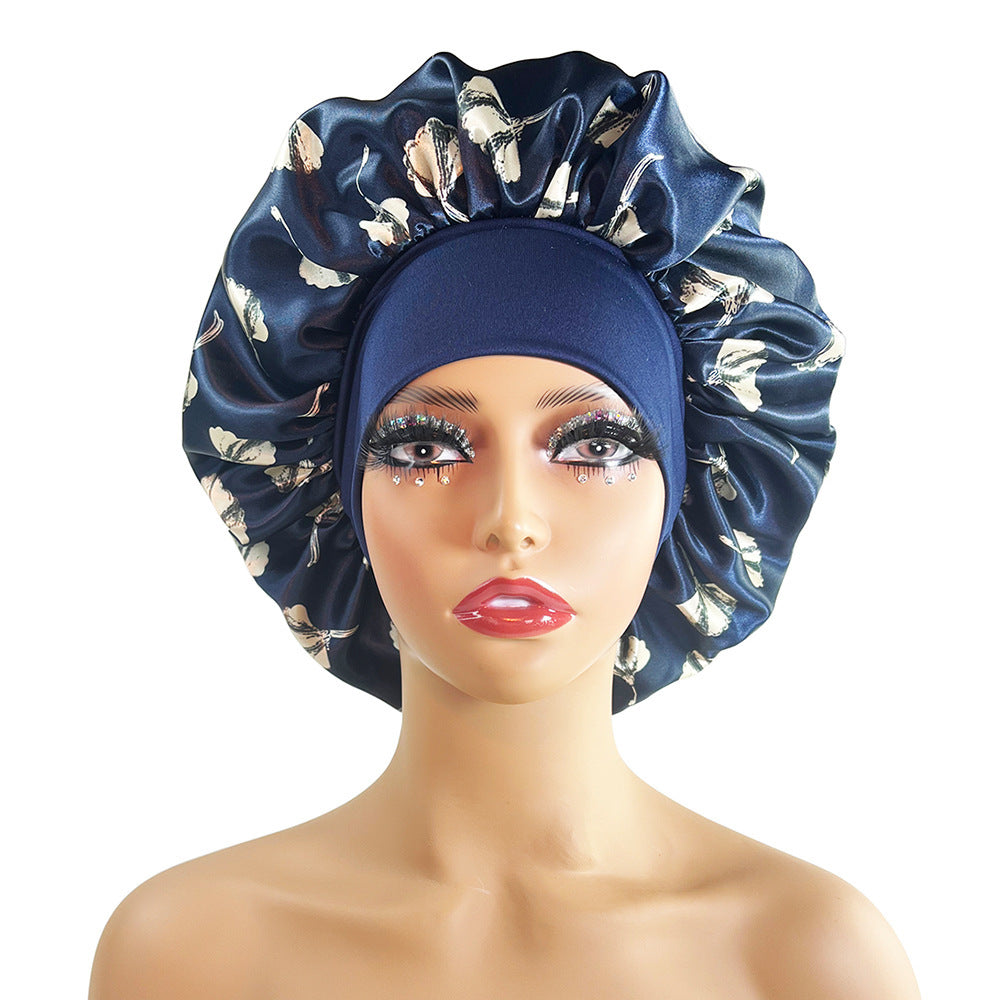 Luxury Satin Nightcap for Women - Elegant Wide-Brimmed Sleep Cap - Floral Printed Plus-Size Sleeping Hat