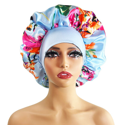 Luxury Satin Nightcap for Women - Elegant Wide-Brimmed Sleep Cap - Floral Printed Plus-Size Sleeping Hat