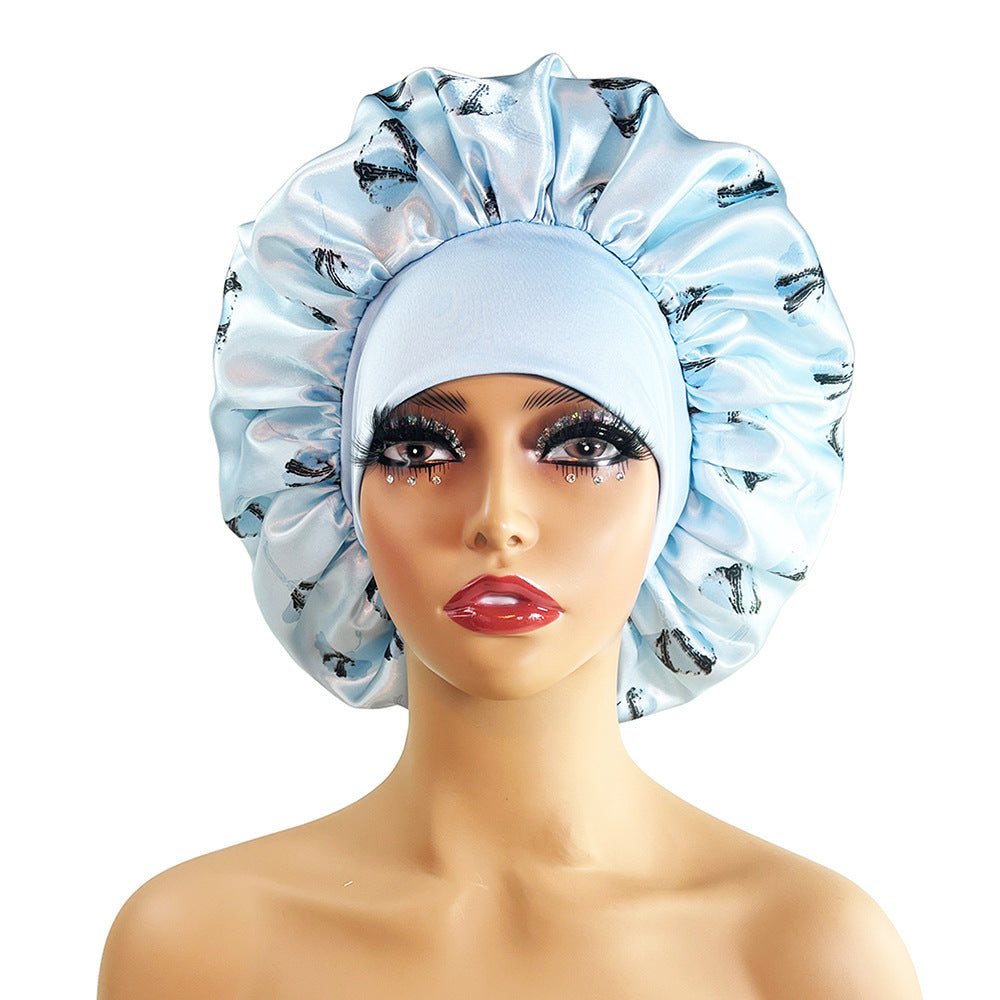 Luxury Satin Nightcap for Women - Elegant Wide-Brimmed Sleep Cap - Floral Printed Plus-Size Sleeping Hat