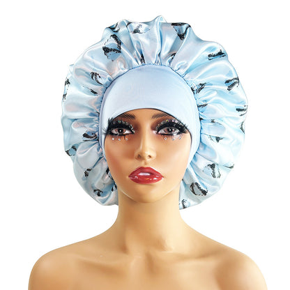 Luxury Satin Nightcap for Women - Elegant Wide-Brimmed Sleep Cap - Floral Printed Plus-Size Sleeping Hat