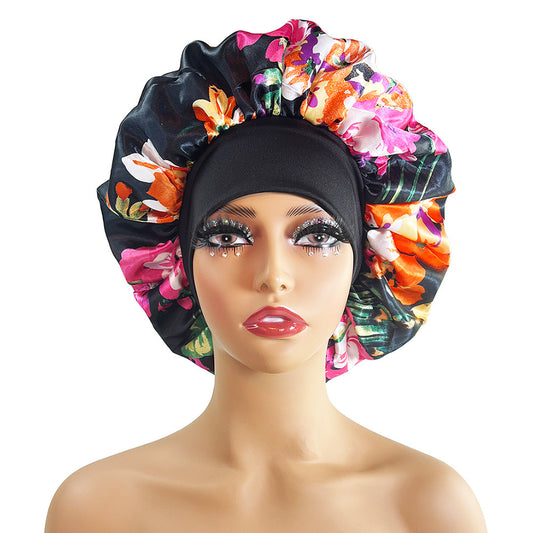 Luxury Satin Nightcap for Women - Elegant Wide-Brimmed Sleep Cap - Floral Printed Plus-Size Sleeping Hat