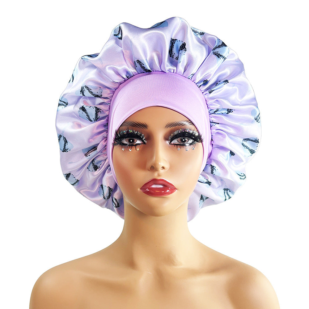 Luxury Satin Nightcap for Women - Elegant Wide-Brimmed Sleep Cap - Floral Printed Plus-Size Sleeping Hat